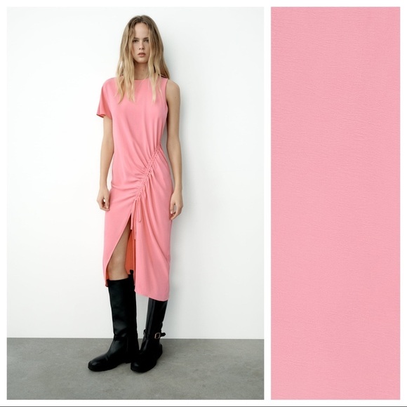 NWT. Zara Pink Asymmetric Draped Midi Dress. Size L. - Picture 3 of 14